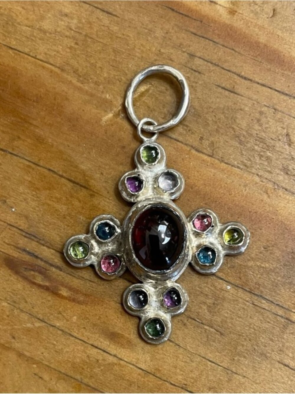 Vintage Artisan Sterling Silver Multi-Gemstone Cross Pendant